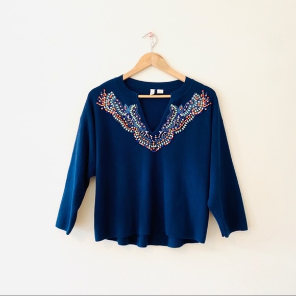 Anthropologie Moth Embellished Jewel Sweater Blue petite small - Picture 6 of 12